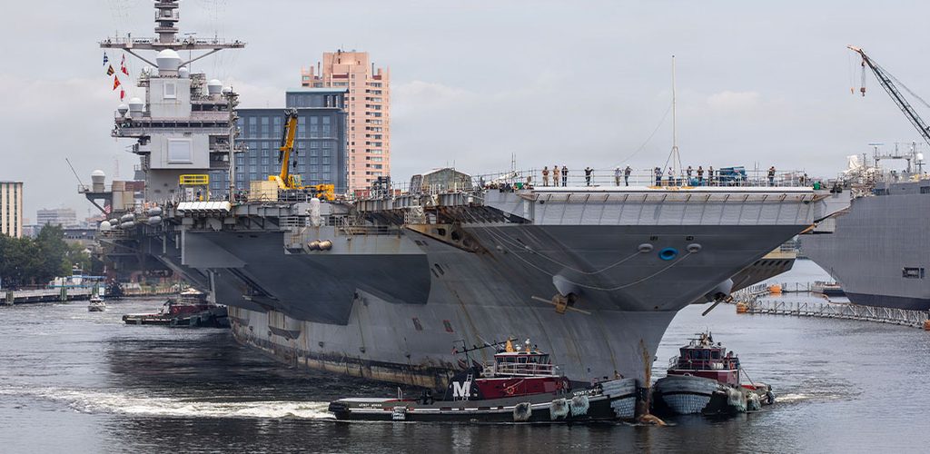 The U.S. Gerald R. Ford arrives at the Norfolk Naval Shipyard for Planned Incremental Availability on July 7, 2026.